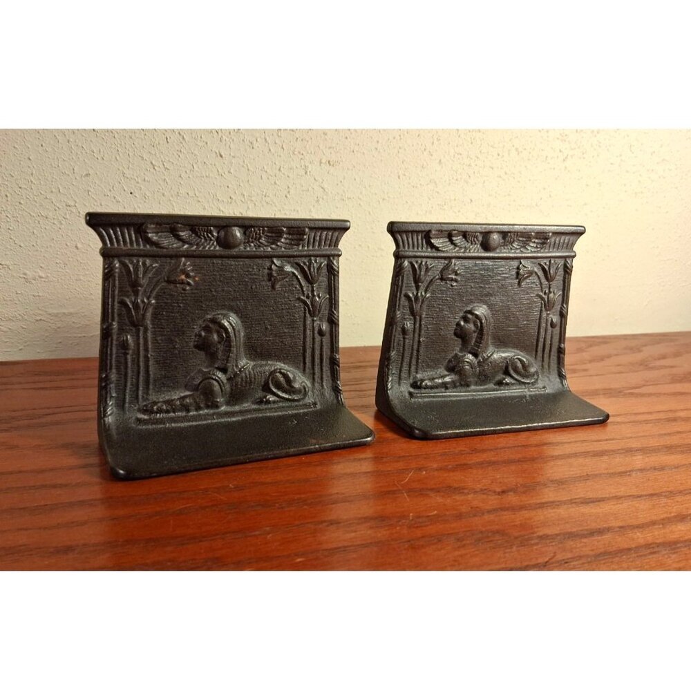 Egyptian King Tut Sphinx Cast Iron Bookends Antique Art Egyptian Revival 1920s